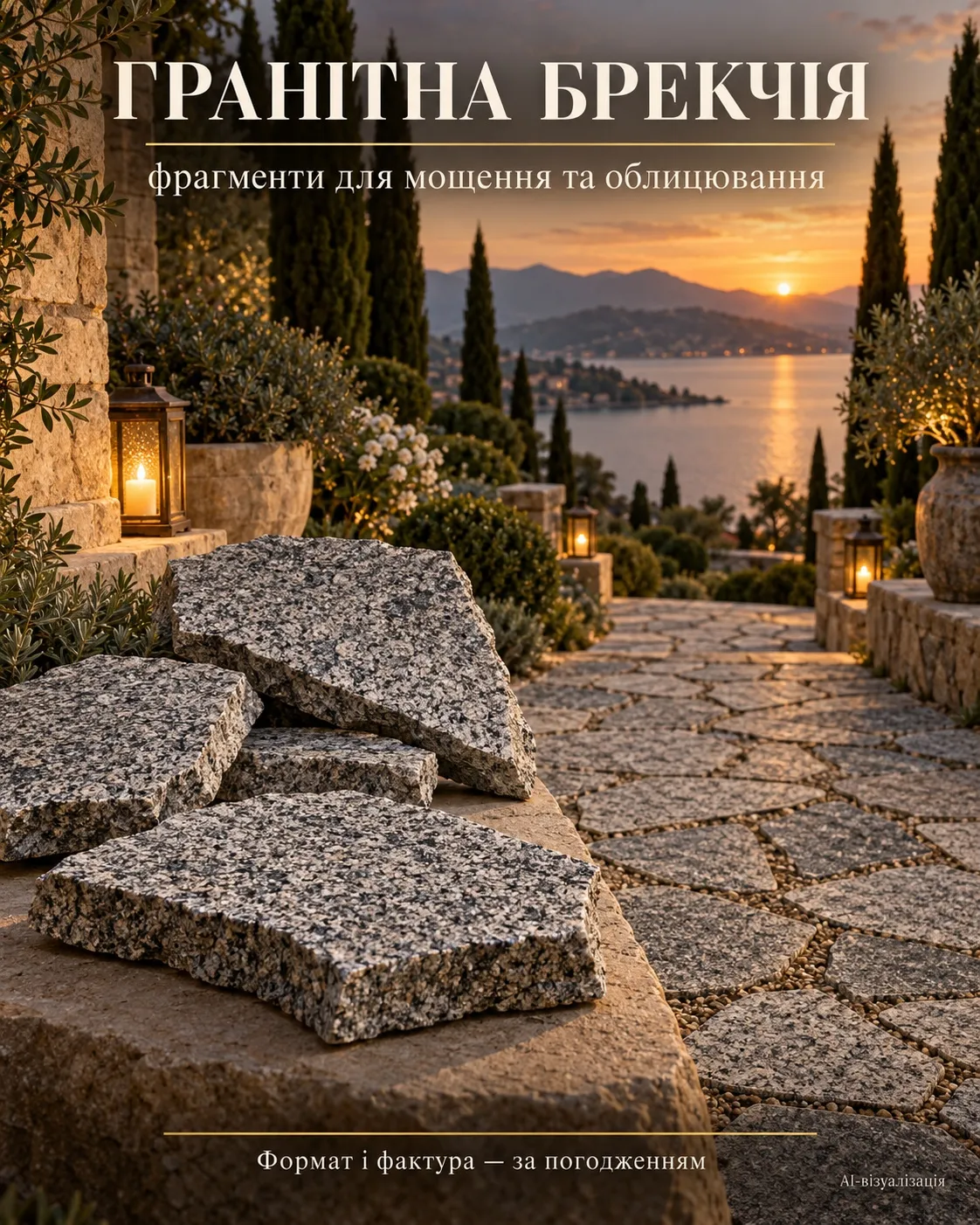 Irregular granite paving pieces — AI-generated visualization Irregular granite paving pieces — AI-generated visualization